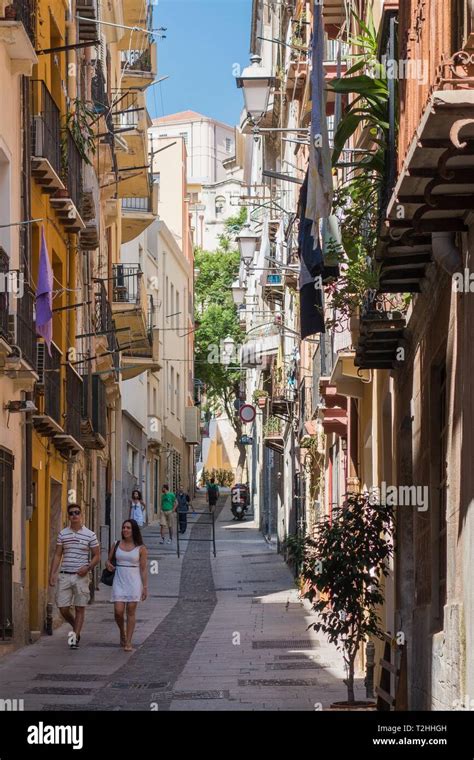 People Walking On Street In Cagliari Sardinia Italy Europe Stock