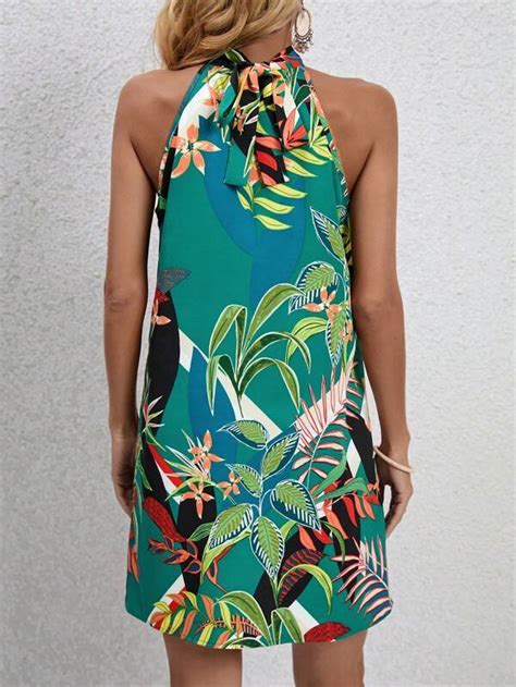 Shein Vcay Tropical Print Tie Back Halter Neck Dress Shein