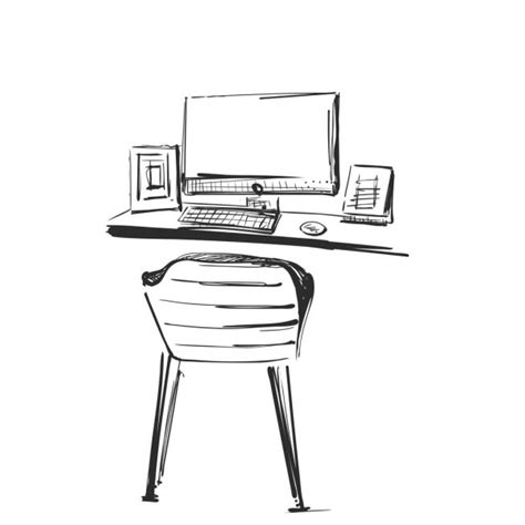 Hand Drawn Workplace Chair And Computer Sketch Stock Vector