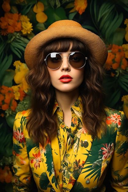 Premium Photo Woman Wearing Hat And Sunglasses With Flowery Background Generative Ai