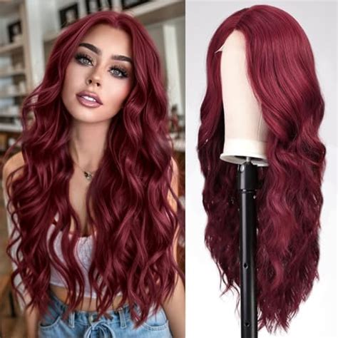 Nayoo Long Wine Red Wavy Wig For Women 26 Inch Middle Part