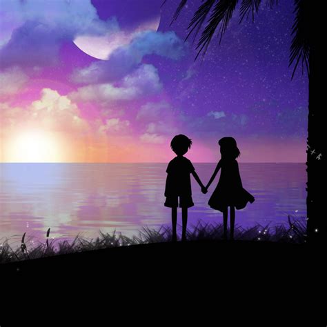 Download Holding Hands Anime Kids In Purple Sky Wallpaper