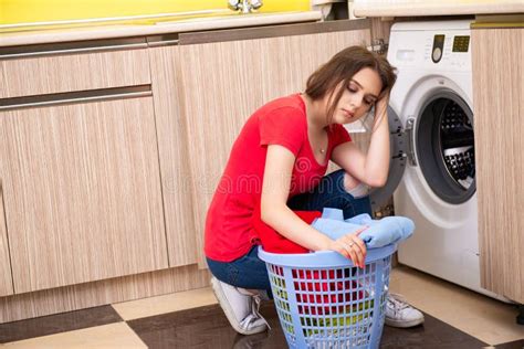 The Woman Doing Laundry At Home Stock Image Image Of Domestic Chore