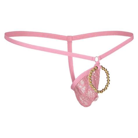 YONGHS Micro String Homme Sexy Transparent Hot Dentelle Bikini Ficelle Sissy G String Thong Rose