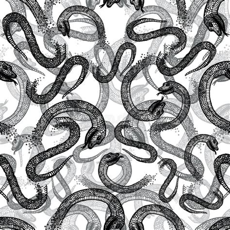 Vector Seamless Hand Drawn Pattern With Black Snakes On White