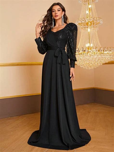 Giffniseti Sweetheart Neck Lantern Sleeve Belted Sequin Formal Dress