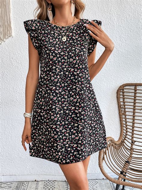 Shein Vcay Vestido Impress O Floral Dits Acabamento De Babados