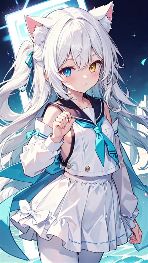 セーラー服，白いパンティーストッキング，白髪，長い髪，white cat ears，異色症（左青右黄），笑顔，[女性の顔 - SeaArt AI