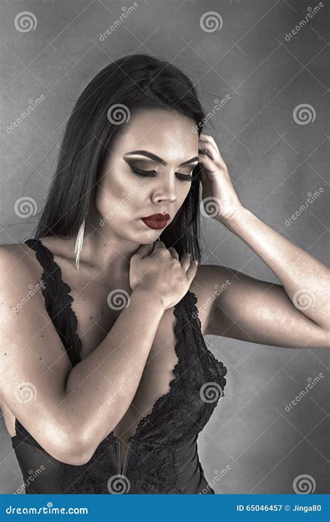 Portrait Of A Sensual Brunette Woman Posing In Black Linger Stock Image Image Of Lace