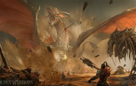 Wallpaper Dragon Attack Warriors Golden Warriors Fight Dragon