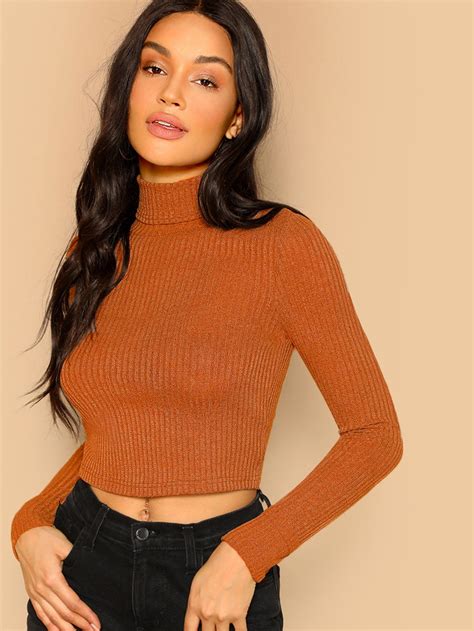 High Neck Rib Knit Crop Tee Rib Neck High Crop Tee High Neck Long