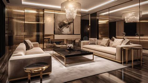 Luxury Living Room With Sofas And Coffee Table Gold Decorations Stock