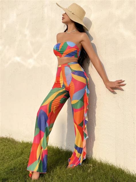 Colorful Print Bikini Set Bandeau Bra Bikini Bottom Ruffle Trim Beach Pants Piece Bathing