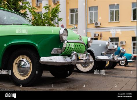 Green And Grey GAZ M21 Volga At Classic Soviet Car Exhibition Stock