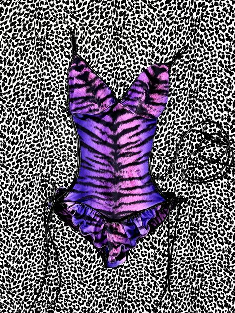 One Piece Pink And Purple Tiger Striped Ruffled Bikini With Pentagram Lacing Etsy