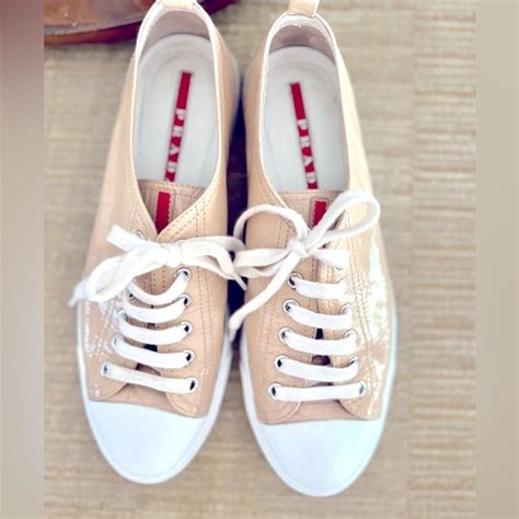 Prada Shoes Prada Nude Lace Up Patented Leather Sneakers Poshmark