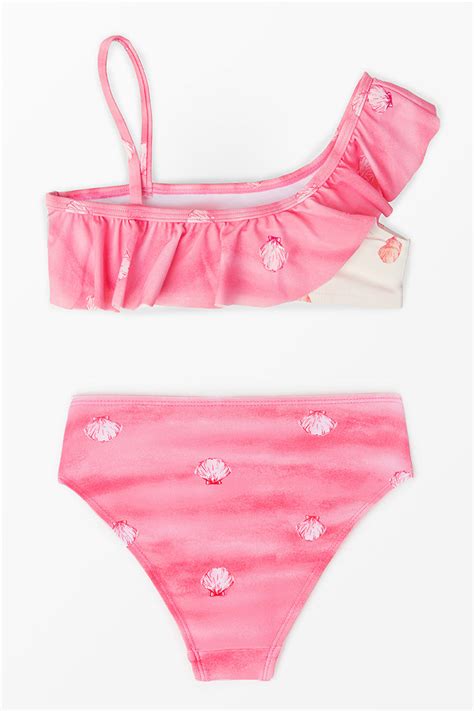 Mädchen Eine Schulter Bikini mit Rüschen und Muschelprint