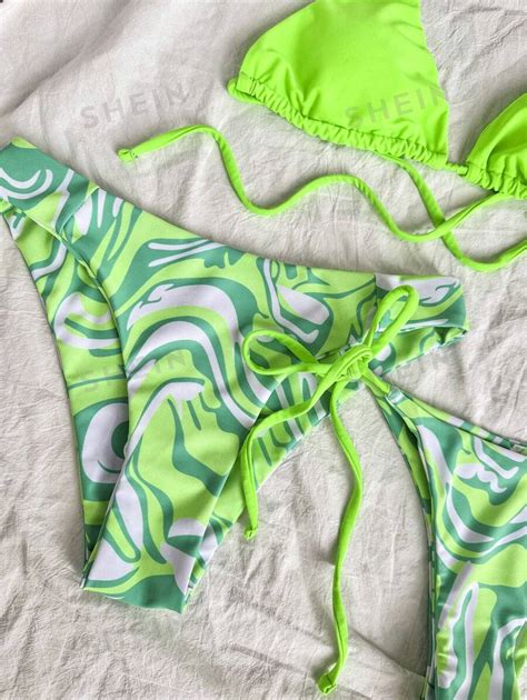 2024 New Pure Color Plus Random Printed 3 Piece Separated Bikini Set SHEIN Singapore
