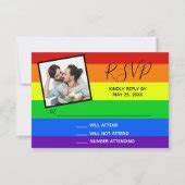 Rainbow Gay Pride Couple Photo Striped Wedding RSVP Card Zazzle