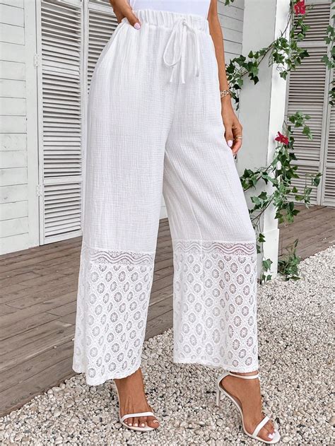 Shein Lune Contrast Lace Tie Waist Wide Leg Pants Shein Usa