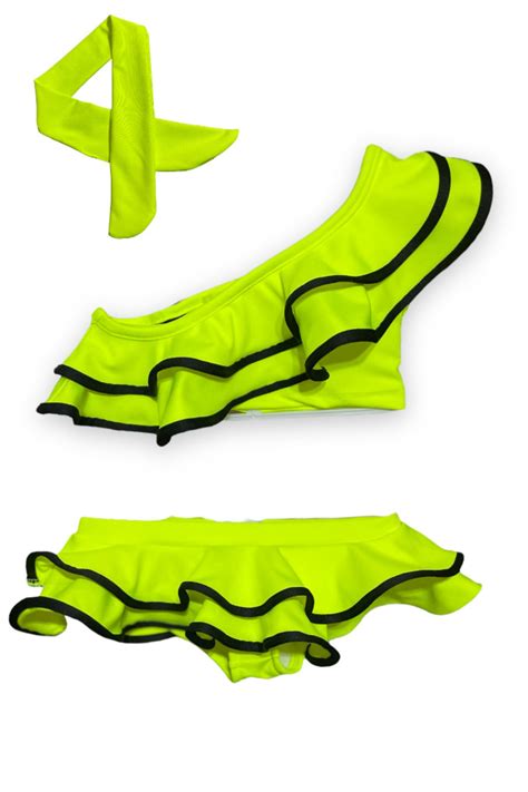 Lolliboomkids Kız Çocuk Neon Renkler Fosfor Yeşil Renk Tek Omuz Fırfırlı Bikini Takımı Saç