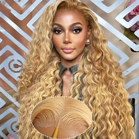 Amazon FTQZKEY Honey Blonde Curly Lace Front Wig Human Hair 26 Inch 13x4 HD Glueless Lace