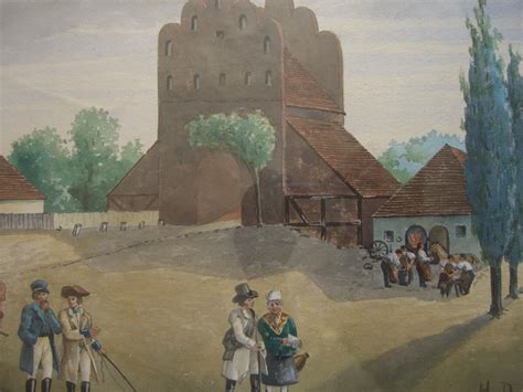 STADTTOR MIT MARKTPLATZ UND PERSONEN AQUARELL MONOGRAMM UM 1830