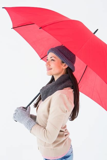 Premium Photo Smiling Brunette Holding Red Umbrella