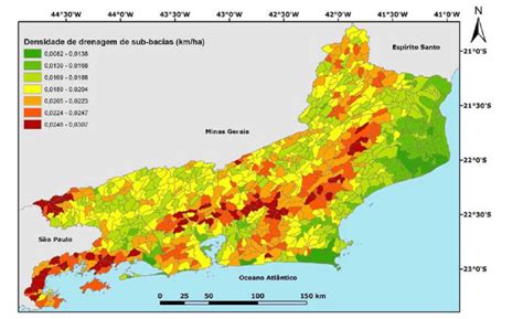 Densidade de drenagem (km/ha) para sub-bacias do estado do Rio de