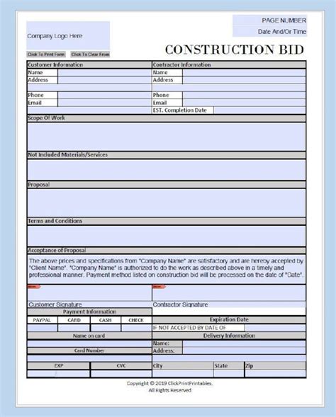 contractor bid sheet template excel