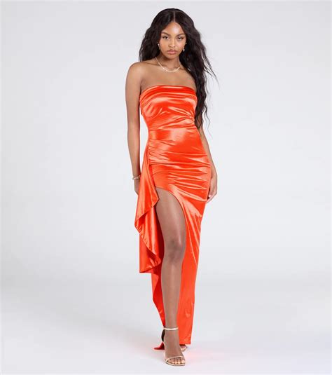 Marilyn Strapless Ruffle Slit Satin Formal Dress - Product Details