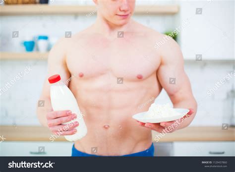 Muscular Man Naked Torso Kitchen Milk Stock Photo 1129437860 Shutterstock