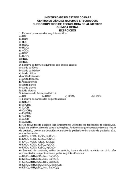 Exercícios de Nomenclatura de Ácidos, Bases e Sais - Química Geral ...
