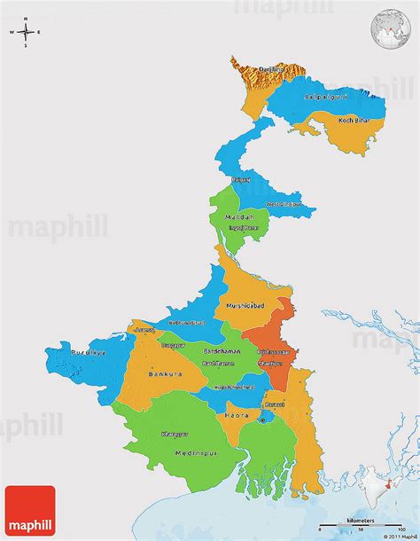 Physical Map Of West Bengal Single Color Outside