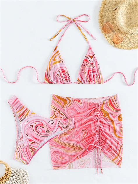 Shein Swim Y2glam Marble Print Triangle Cup Bikini Set Beach Half