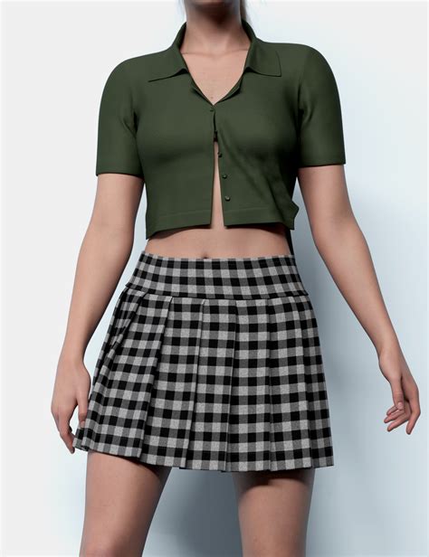 Dforce Buttoned Crop Shirt And Pleated Skirt For Genesis Daz D