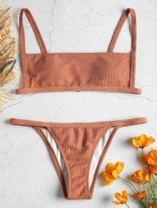 Ribbed Hook String Bikini Set In ORANGE SALMON ZAFUL