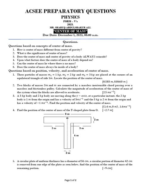 Center Of Mass Assignment Pdf Center Of Mass Mass