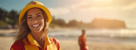 Premium Ai Image Joyful Woman In A Lifeguard Suit On The Background
