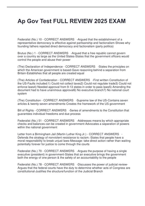 Ap Gov Test FULL REVIEW 2025 EXAM Federalist (No.) 10 - CORRECT ANSWERS