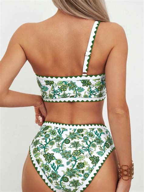 Floral Print Whip Stitch One Shoulder Bikini Swimsuit SHEIN UK