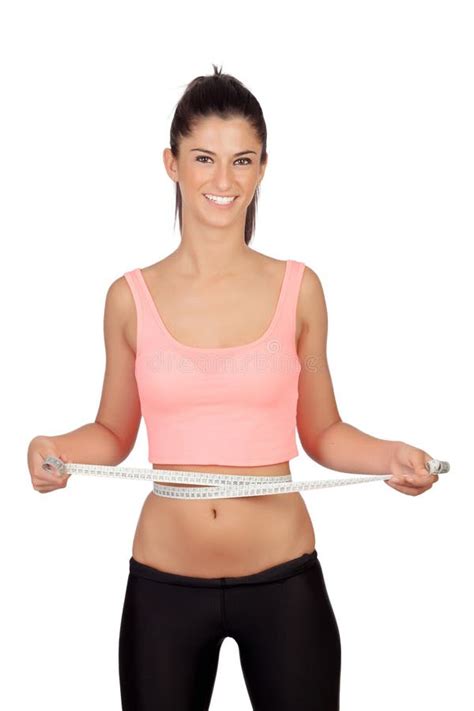 Λεπτό κορίτσι Brunette με ένα μέτρο ταινιών Στοκ Εικόνα εικόνα από bodybuilders bellowing