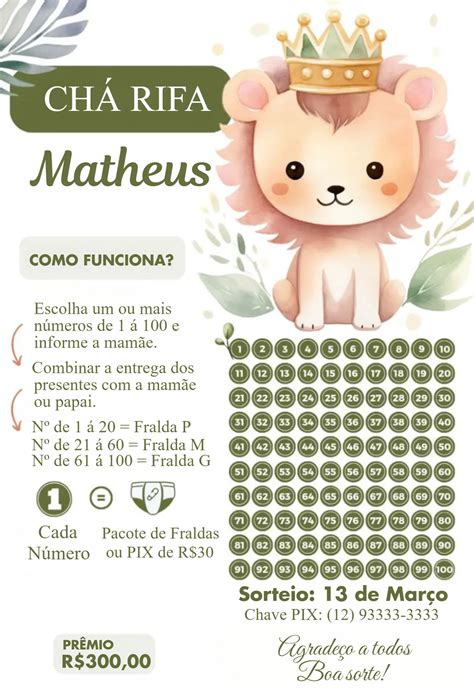 Rifa Verde Qual Nome Mais Sai - Convite Leãozinho Rei Verde para Chá Rifa | Convitede