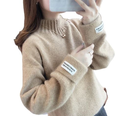 Cheap Korean Winter Women Sweater Half Turtleneck Lantern Sleeve Knit