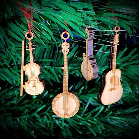 Bluegrass Instruments Christmas Ornaments Fiddle Banjo Guitar Mandolin Laser Cut Wood With ...