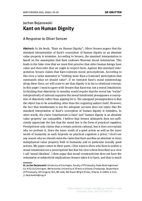 Pdf Kant On Human Dignity A Reply To Oliver Sensen