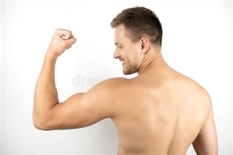 Image Of Handsome Fit Smiling Man With Naked Torso Showing Biceps Muscles White Isolated
