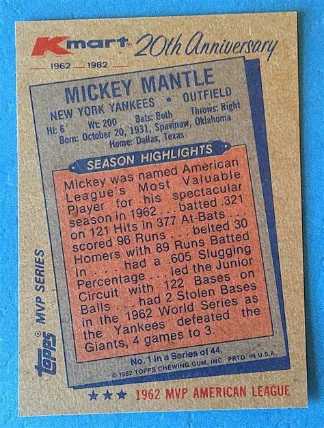 Mickey Mantle Topps Kmart Th Anniver Mvp A L Mint Grade