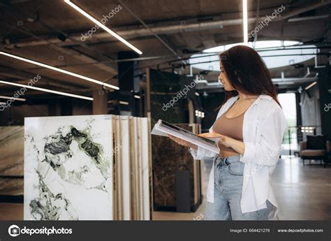 Woman Chooses Ceramic Tiles Hardware Store Beautiful Blonde Black