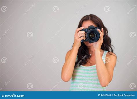 Attractive Brunette Woman Photographer Stock Image Image Of Camera Digital 44310649